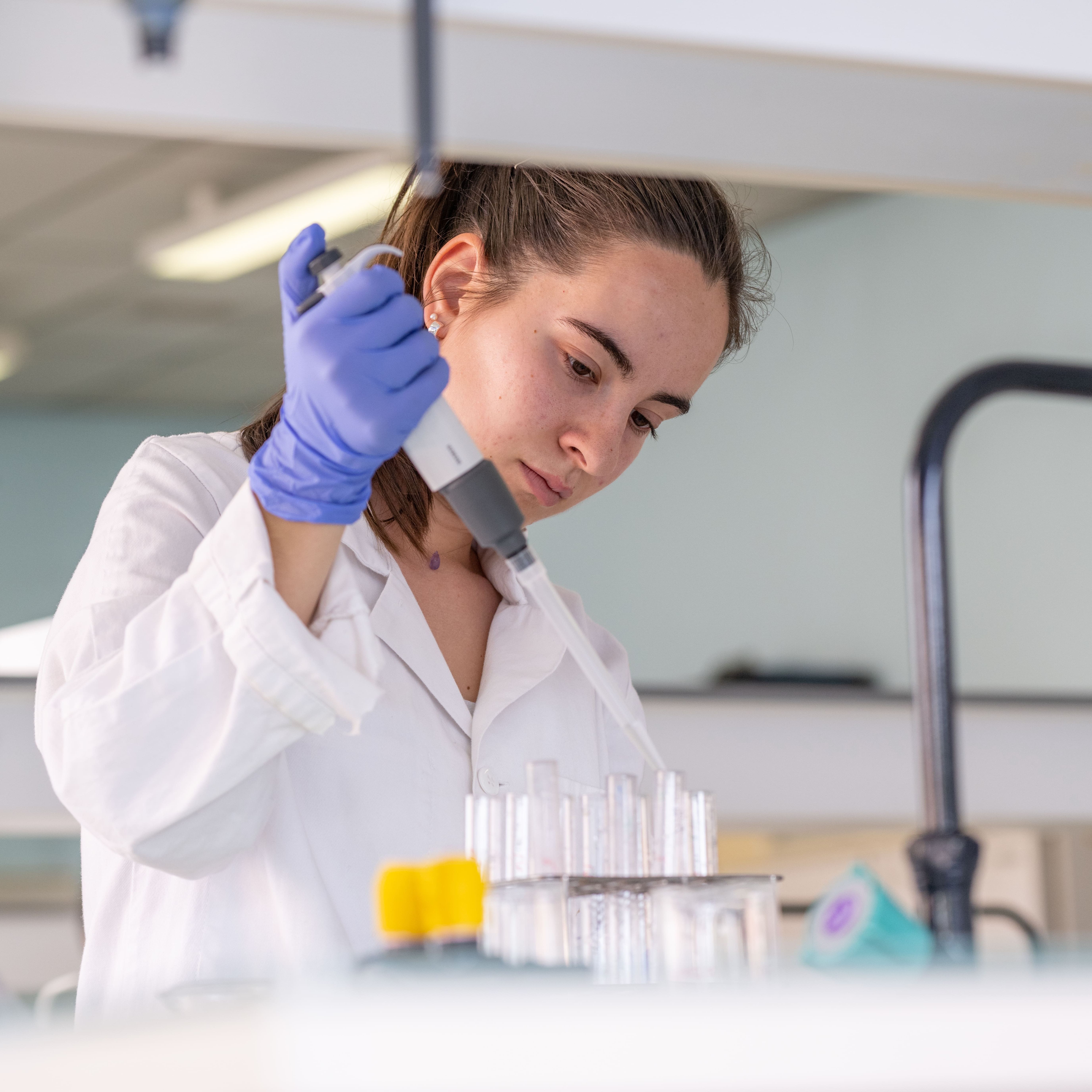 Une étudiante en blouse blanche et gants bleus utilise une pipette dans un laboratoire, concentrée sur son travail avec des tubes à essai. Une étudiante en blouse blanche et gants bleus utilise une pipette dans un laboratoire, concentrée sur son travail avec des tubes à essai.